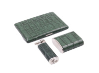 PEARL SET SIGARETTEN ETUI + ZAKASBAK + AANSTEKER KROKO GROEN pearl_etui_aansteker_asbak_kroko_groen