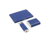 PEARL SET SIGARETTEN ETUI + ZAKASBAK + AANSTEKER KROKO BLAUW pearl_etui_aansteker_asbak_kroko_blauw