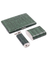 PEARL SET SIGARETTEN ETUI + ZAKASBAK + AANSTEKER KROKO GROEN pearl_etui_aansteker_asbak_kroko_groen
